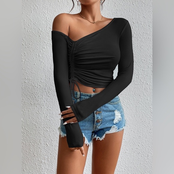 Asymmetrical Long Sleeve Side Tie Blouse - Picture 1 of 4